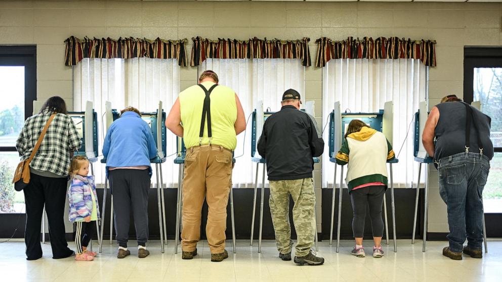 PHOTO: People vote at a polling station at Addison Town Hall in Allenton, Wisconsin, on Election Day, Nov. 5, 2024.