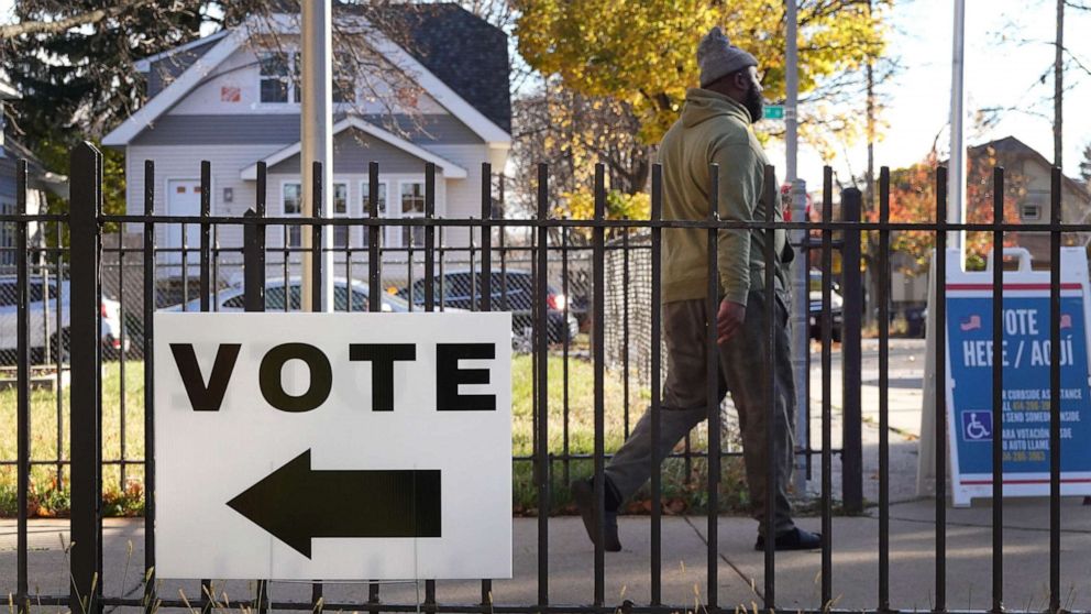 PHOTO: A sign guides voters to a polling place, November 08, 2022 in Milwaukee.
