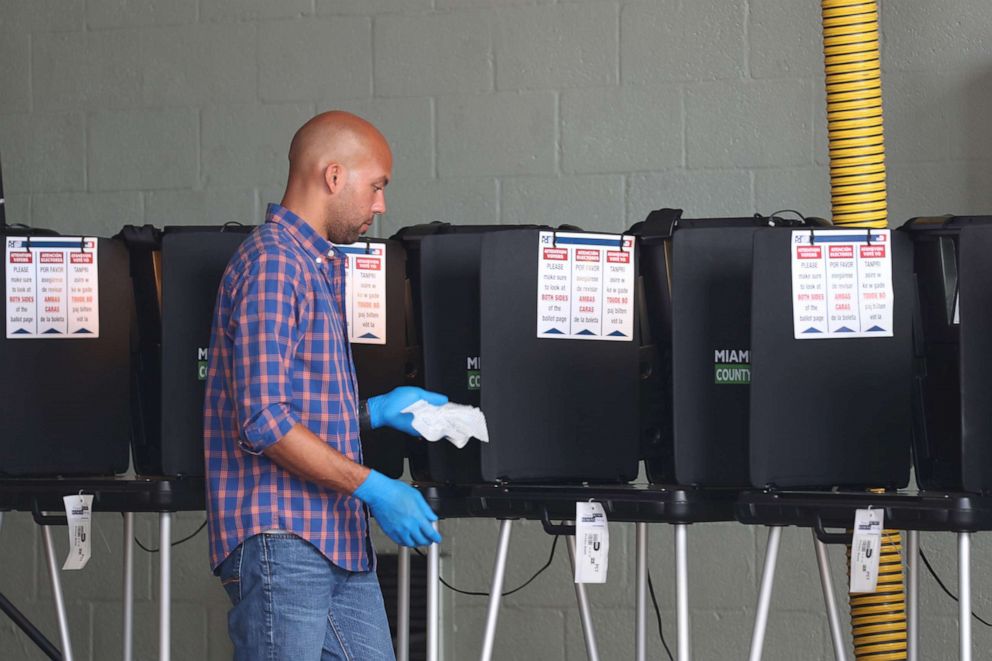 PHOTO: A poll worker uses sanitizer wipes to wipe down the voting machines during the Florida presidential primary as the coronavirus pandemic continues, March 17, 2020 in Miami Beach, Fla.