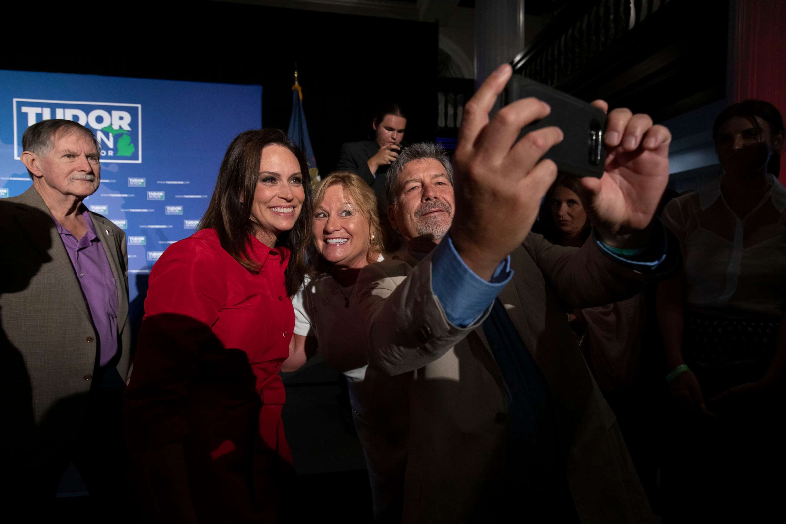 PHOTO: Republican gubernatorial candidate Tudor Dixon poses for a photo after winning the nomination on Primary Election Night in Grand Rapids, Mich.,Aug. 2, 2022.