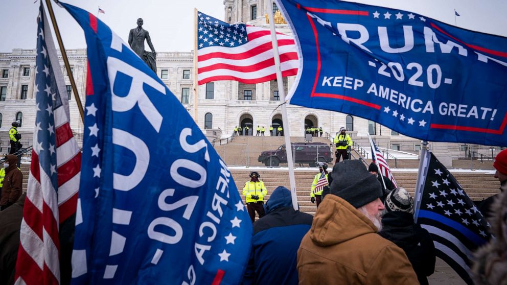 PHOTO: Supporters gather during a rally supporting President Trump at the Minnesota Capitol, Saturday, Jan. 9, 2021, in St. Paul, Minn.