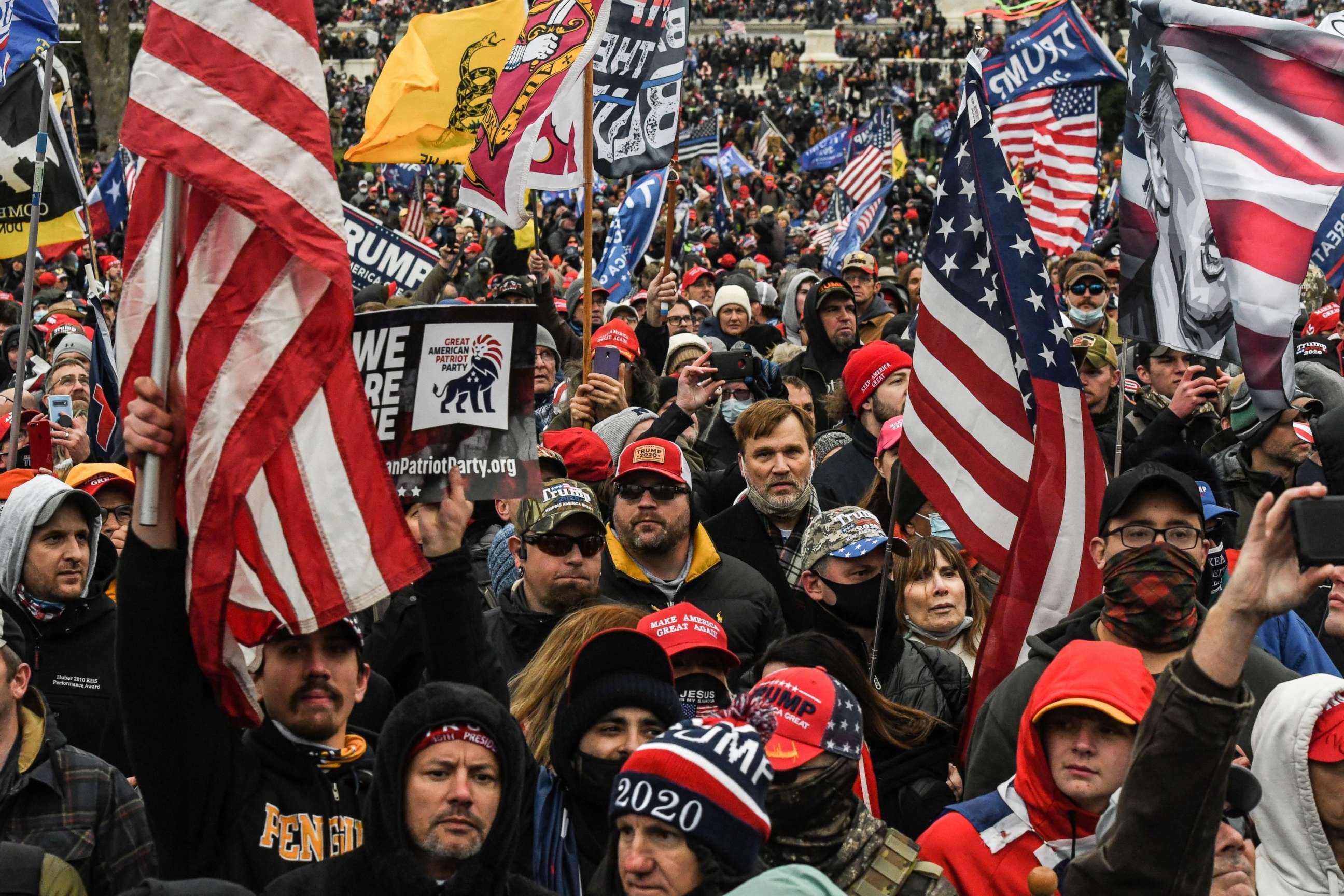 PHOTO: Supporters of President Donald Trump participate in a "Stop the Steal" protest outside of the Capitol building in Washington, D.C., Jan. 6, 2021.