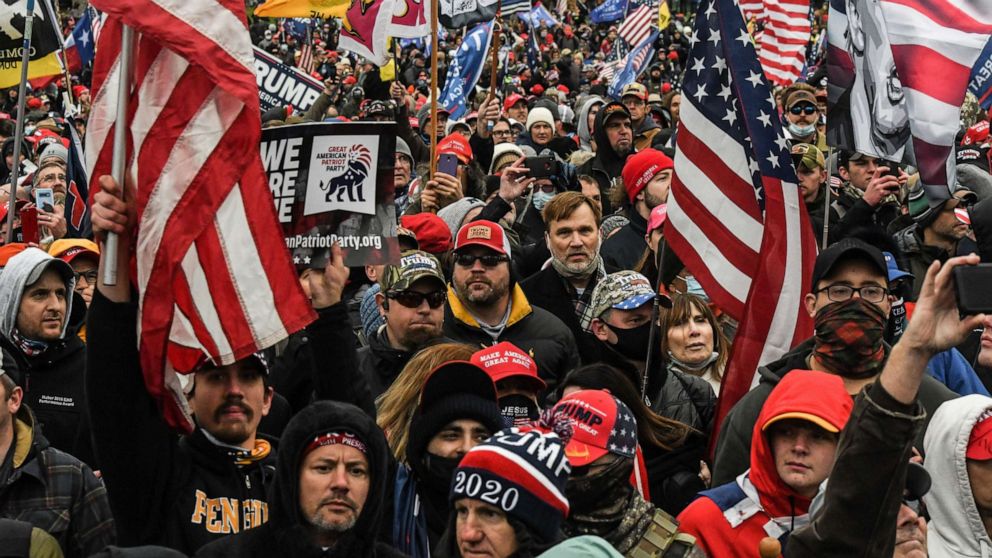 PHOTO: Supporters of President Donald Trump participate in a "Stop the Steal" protest outside of the Capitol building in Washington, D.C., Jan. 6, 2021.