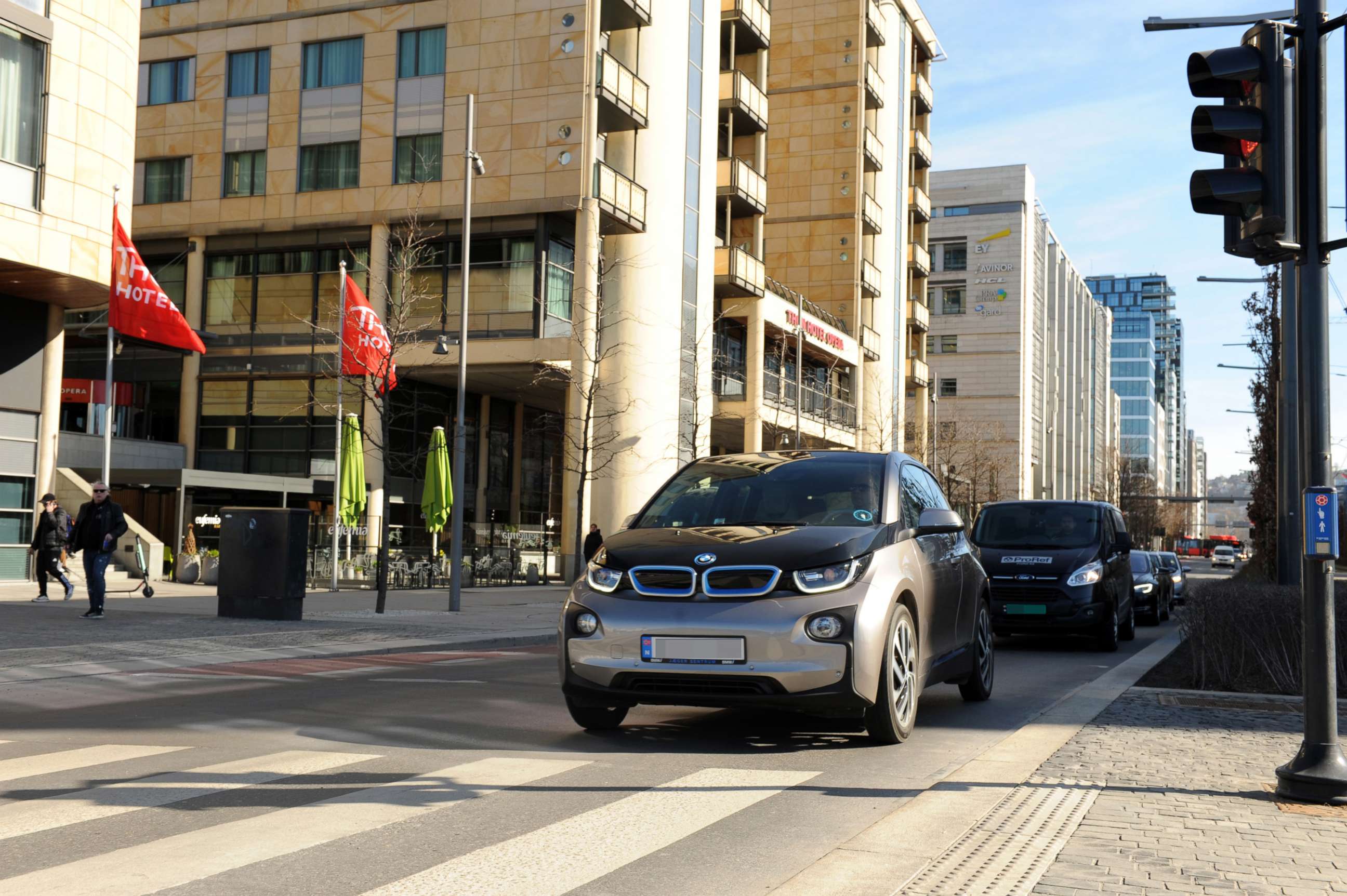 PHOTO: In this March 29, 2019, file photo, an electric car from BMW is shown on the street in downtown Oslo.