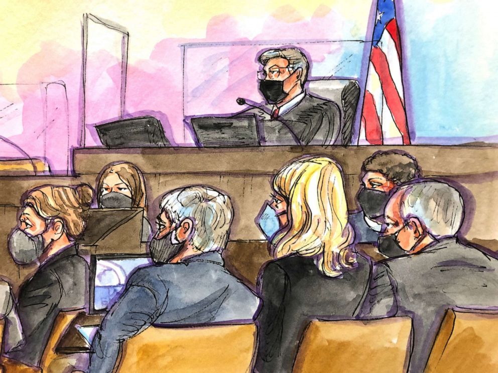 PHOTO: The court listens as sssistant U.S. Attorney Jeff Schenk delivers closing arguments in Theranos founder Elizabeth Holmes's fraud trial at federal court in San Jose, Calif., Dec. 16, 2021, in this courtroom sketch.