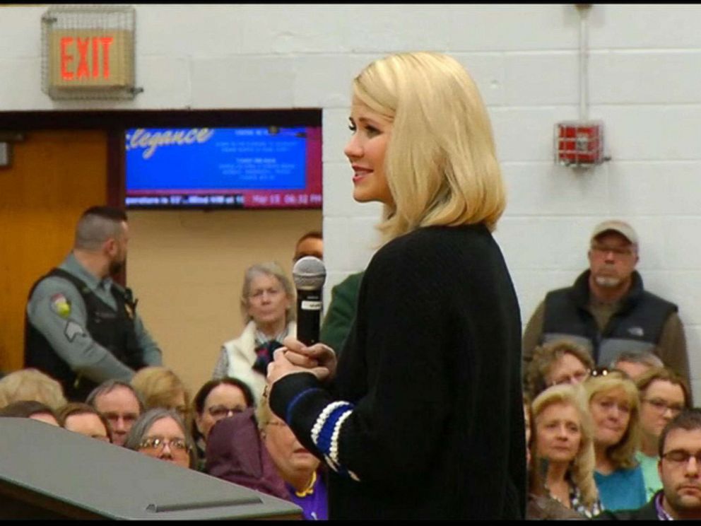 PHOTO: Elizabeth Smart speaks at a Town Hall at Barron High School, March 15, 2019, in Barron, Wisc.