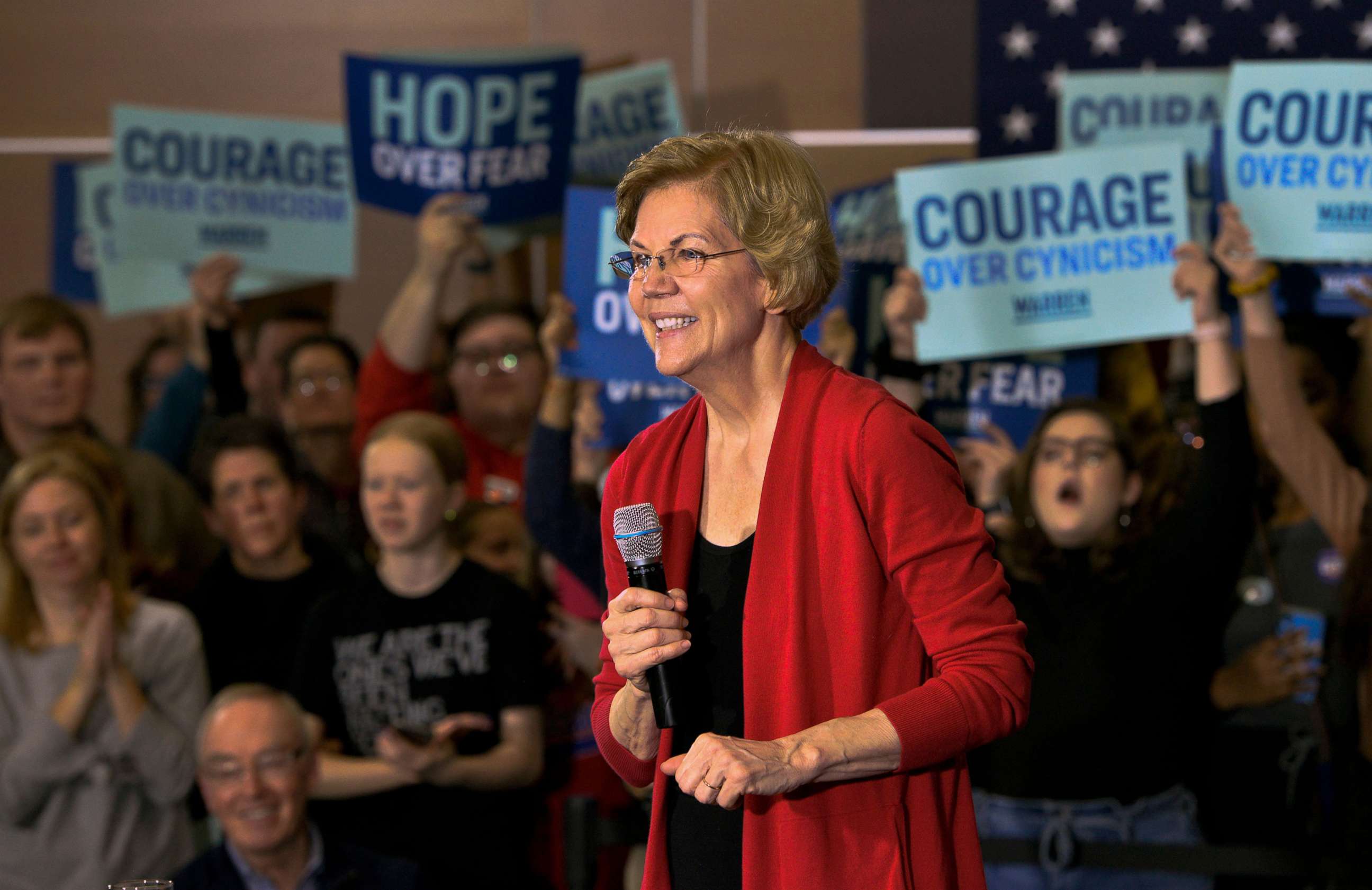 PHOTO: Sen. Elizabeth Warren speaks at Simpson College as she campaigns to be the Democratic presidential nominee in Indianola, Iowa, Feb. 2020.