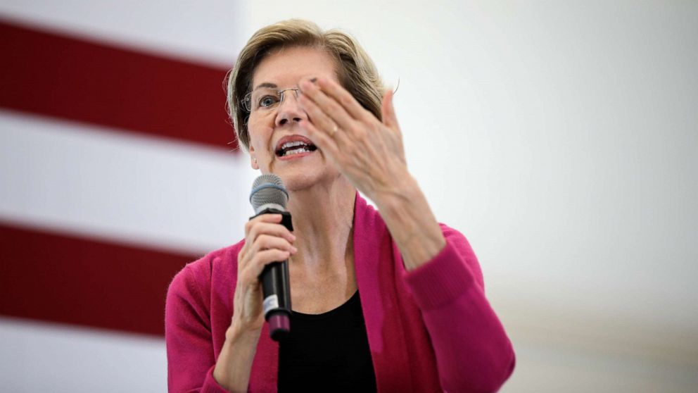 PHOTO: Democratic presidential candidate Sen. Elizabeth Warren, D-Mass., gestures while speaking at a campaign event Wednesday, Oct. 30, 2019, at the University of New Hampshire in Durham, N.H. 