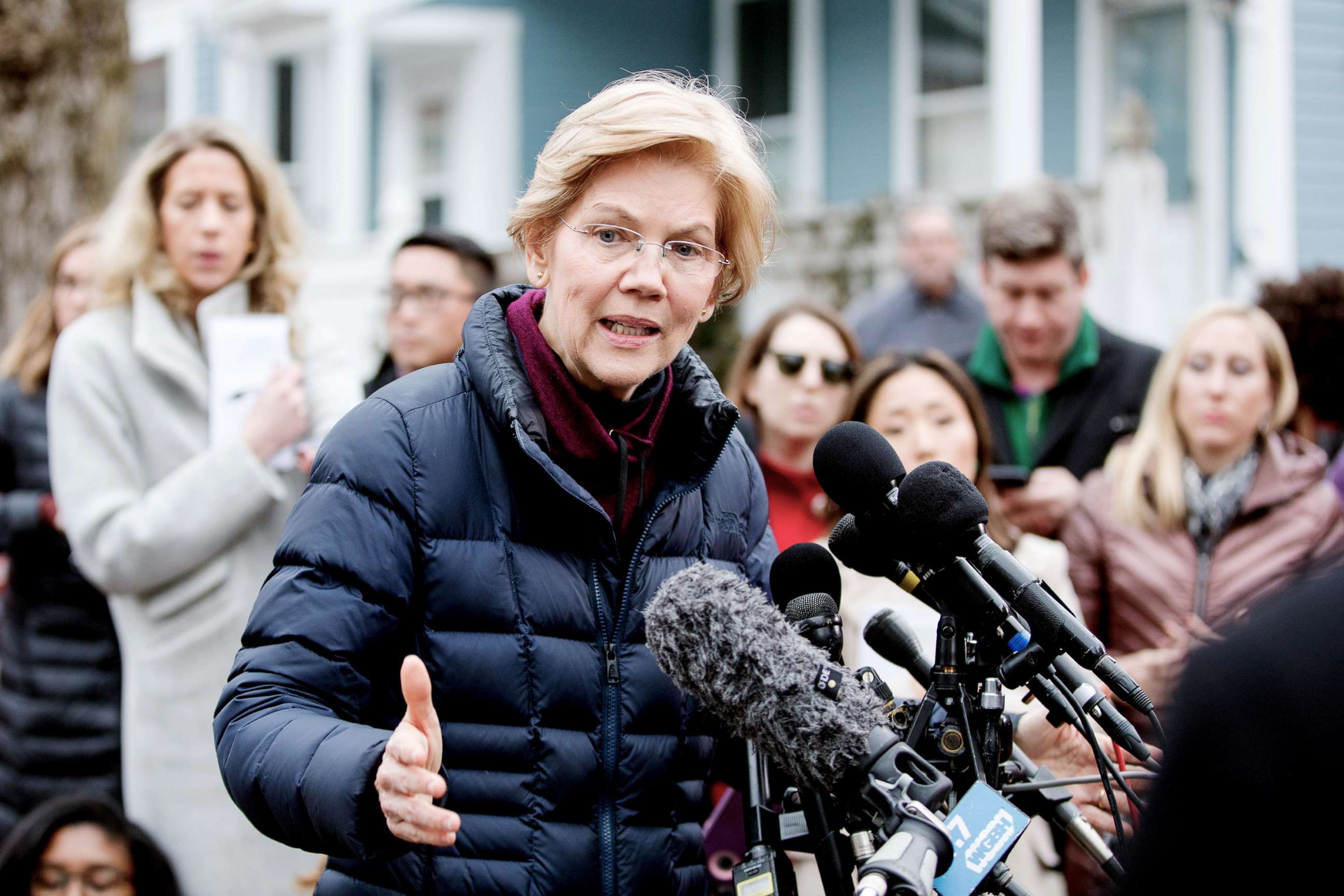 PHOTO: Sen. Elizabeth Warren addresses the media outside her home after announcing she formed an exploratory committee for a 2020 Presidential run in Cambridge, Mass., Dec. 31, 2018.