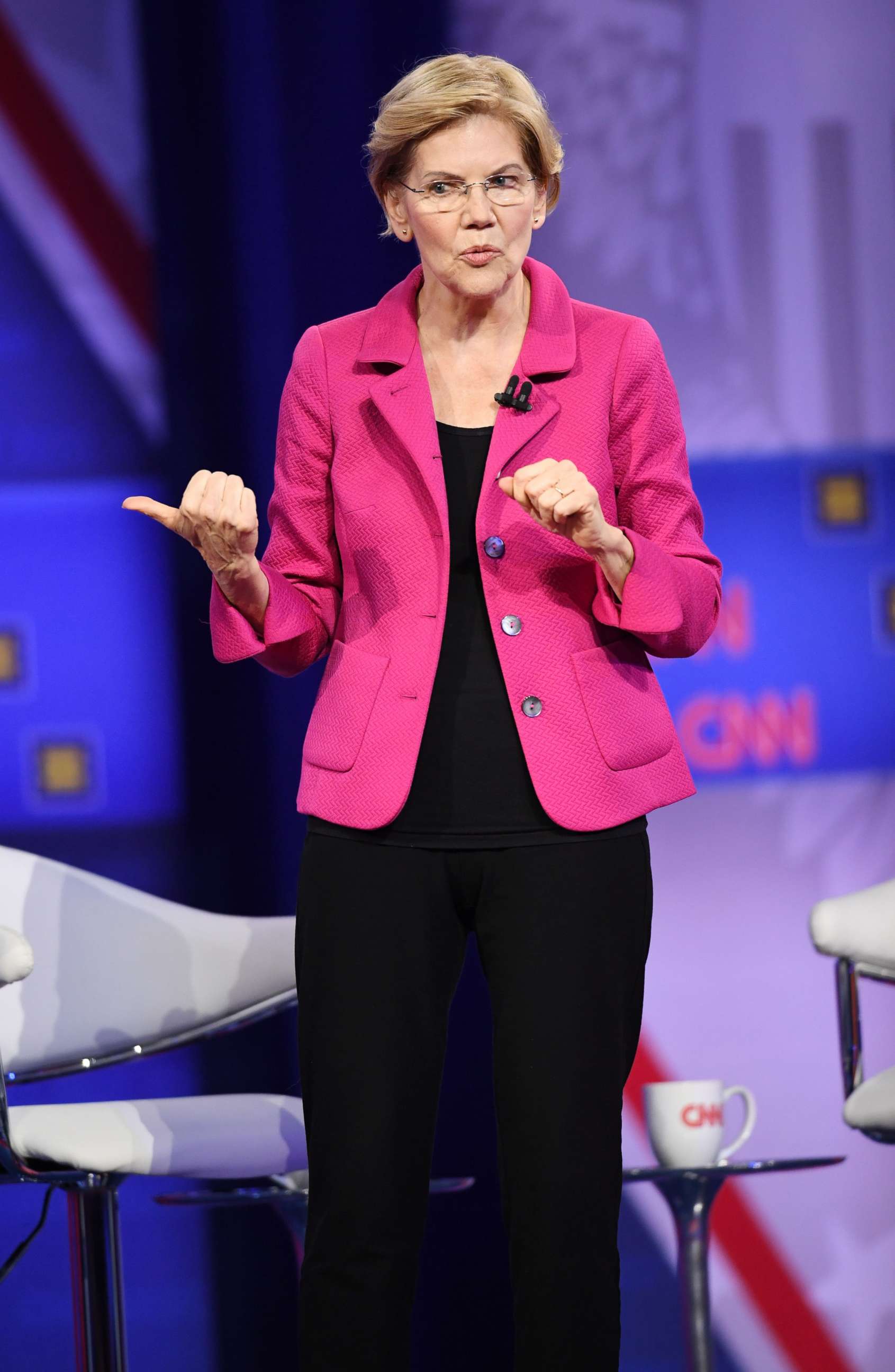 PHOTO: Democratic presidential hopeful Massachusetts Senator Elizabeth Warren gestures as she speaks during a town hall devoted to LGBTQ issues hosted by CNN and the Human rights Campaign Foundation at The Novo in Los Angeles, Oct. 10, 2019.