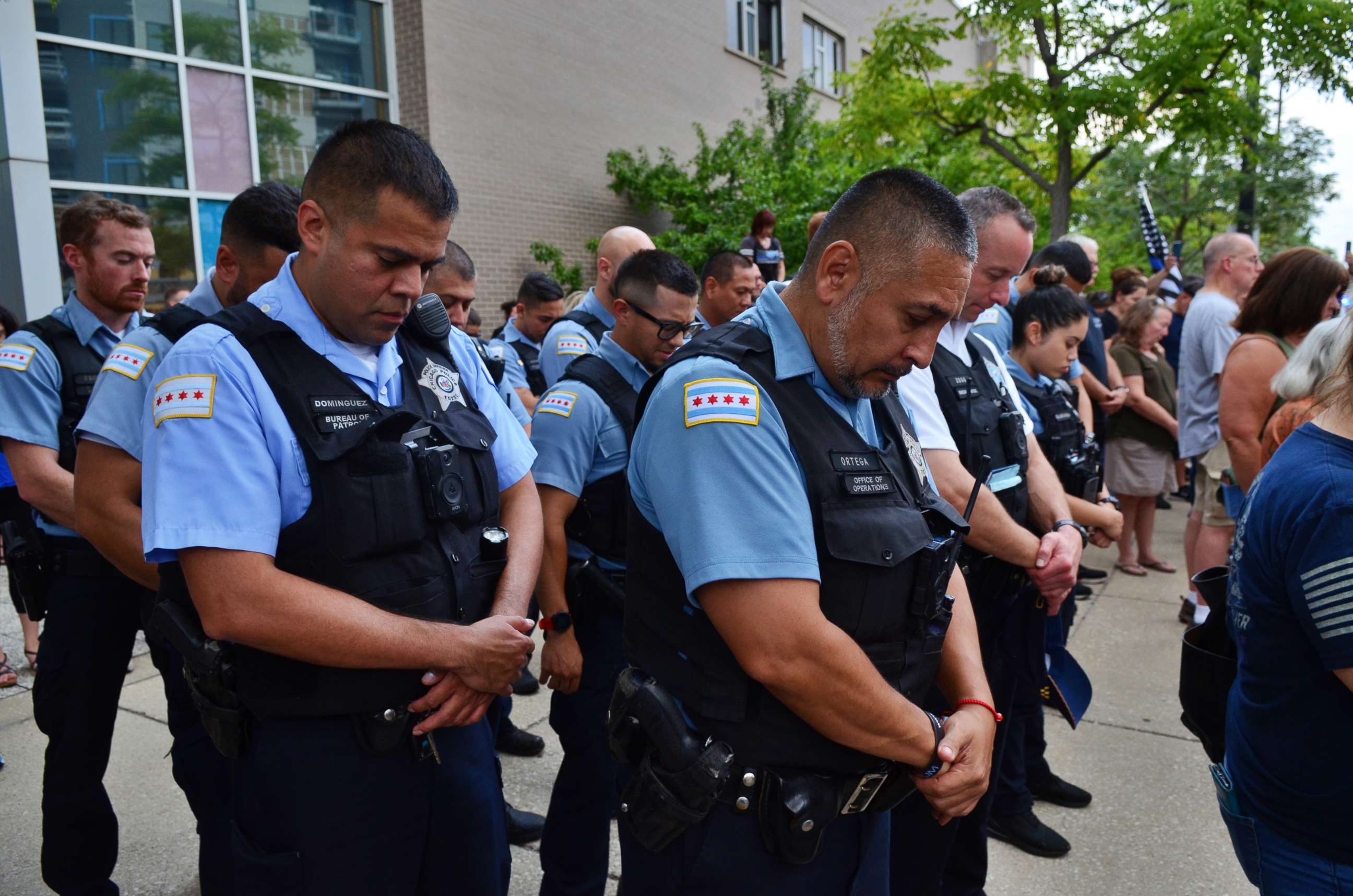 PHOTO: A prayer vigil was held in remembrance of Police Officer Ella French and her partner who was badly wounded, on Aug. 11, 2021, in Chicago at the 16th District Chicago Police Department.