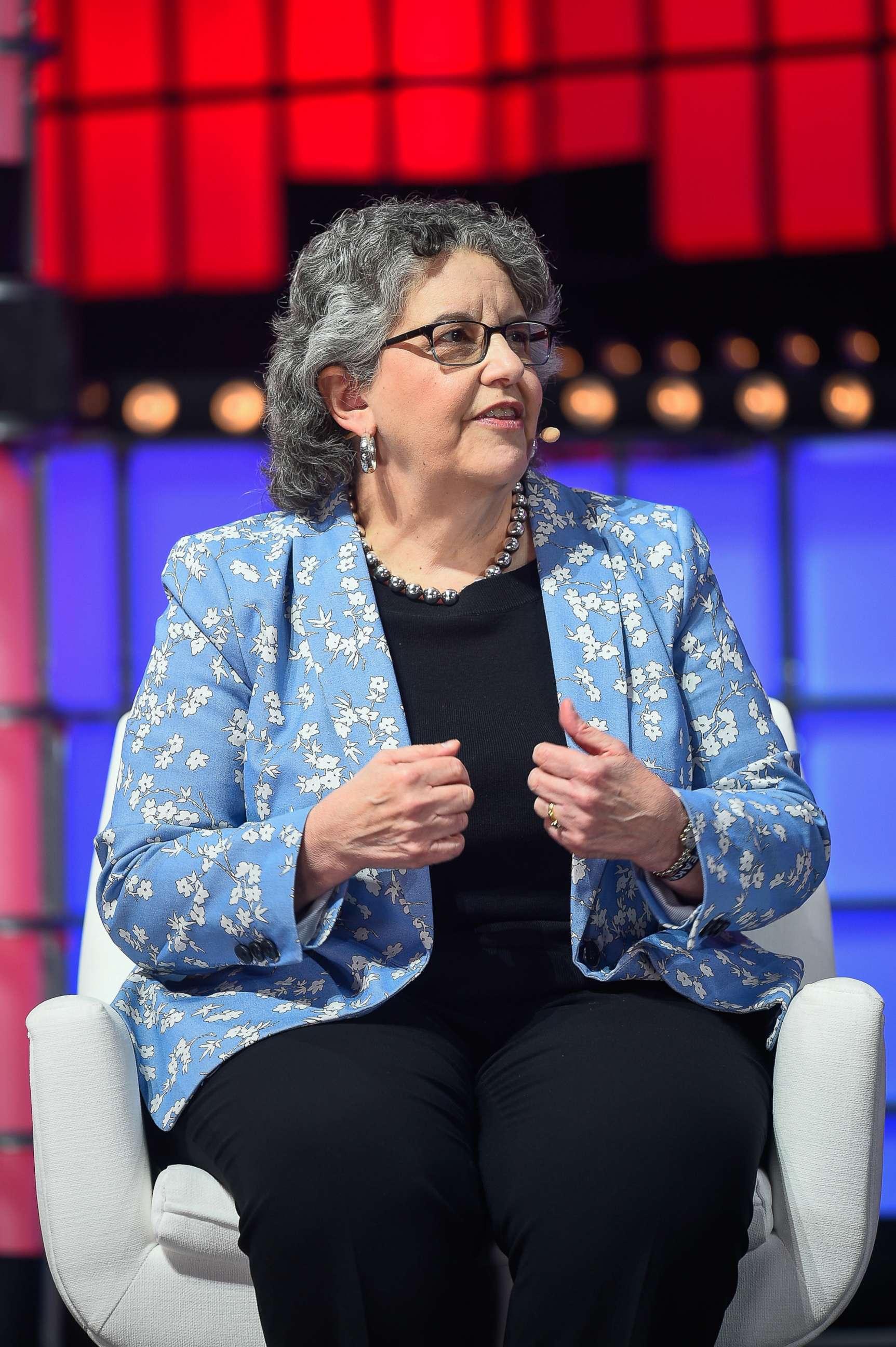 PHOTO: In this Nov. 4, 2021, file photo, Ellen Weintraub, Commissioner at U.S. Federal Election Commission, addresses the audience during the last day of the Web Summit 2021 in Lisbon.