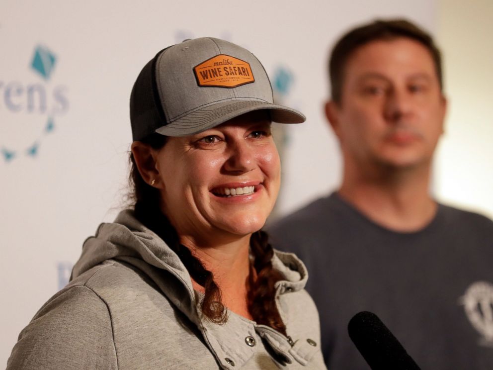 Ellie Hayes, Keane Webre-Hayes' mother, reacts as she talks about her son's recovery, alongside her husband, Ben, right, in a hospital on Monday, October 1, 2018 in San Diego. 