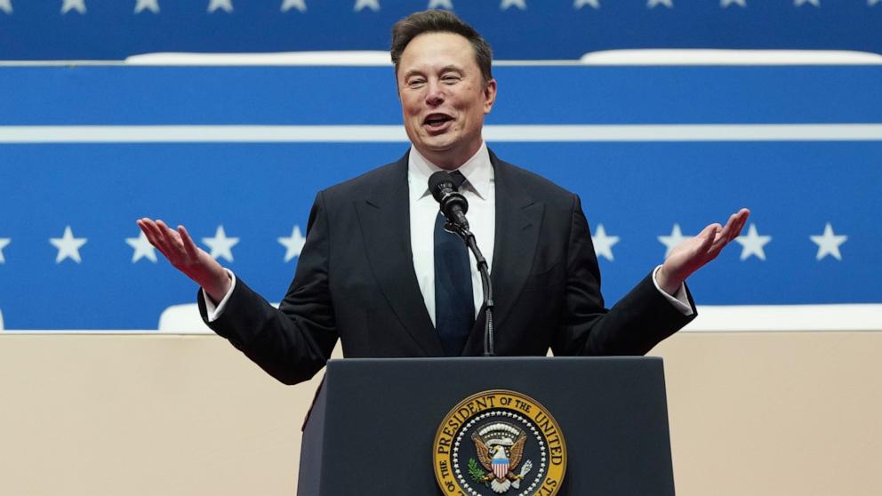 PHOTO: Elon Musk speaks at a presidential inauguration event on behalf of President-elect Donald Trump in Washington, Jan. 20, 2025.