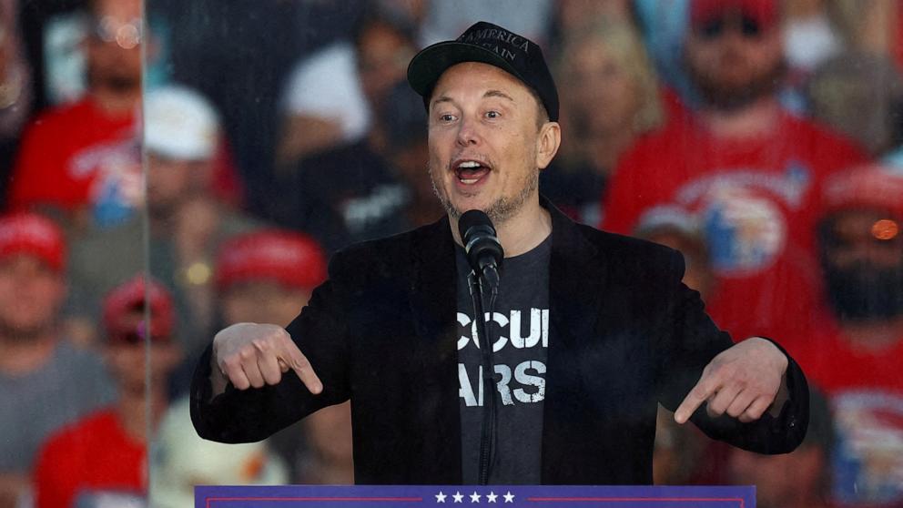 PHOTO: Tesla CEO and X owner Elon Musk speaks during a rally for Republican presidential nominee and former president Donald Trump in Butler, Pennsylvania, Oct. 5, 2024.