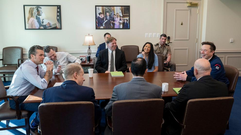 PHOTO: Secretary of Defense Pete Hegseth meets with Elon Musk at the Pentagon, in Washington, Mar. 21, 2025.