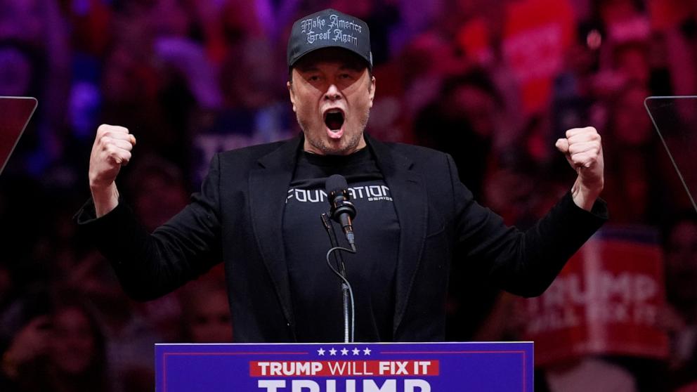 PHOTO: Elon Musk speaks before Republican presidential nominee former President Donald Trump at a campaign rally at Madison Square Garden, Oct. 27, 2024, in New York City. 