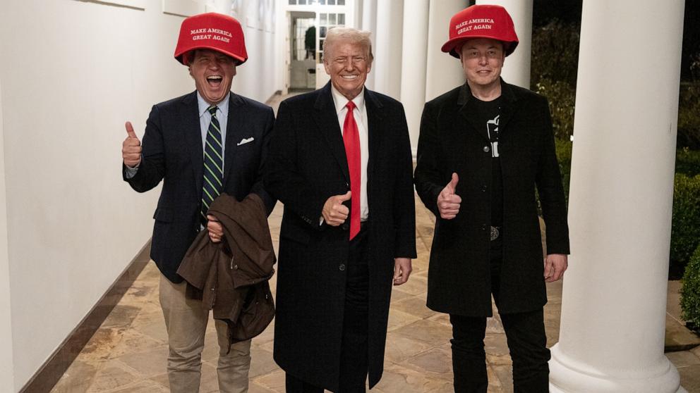 PHOTO: President Donald Trump shared a photo of himself standing next to Tucker Carlson and Elon Musk in the colonnade next to the White House Rose Garden in Washington in an undated photo posted to the @POTUS account on X.