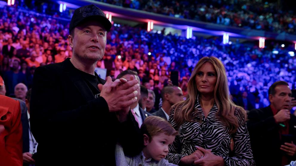 PHOTO: Elon Musk and Melania Trump look on during a rally for Republican presidential nominee and former President Donald Trump at Madison Square Garden, in New York, Oct. 27, 2024. 