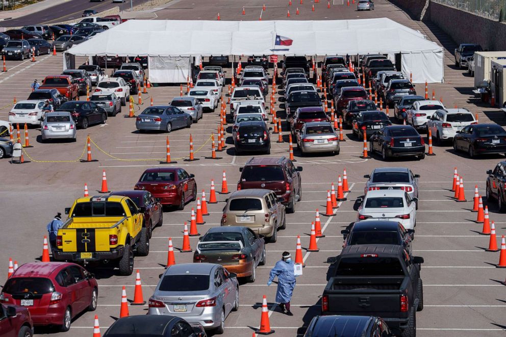 PHOTO: Cars line up for Covid-19 tests at the University of Texas El Paso on Oct. 23, 2020 in El Paso, Texas. The city has seen a surge in cases, reporting over 1,150 new cases on Oct. 22.