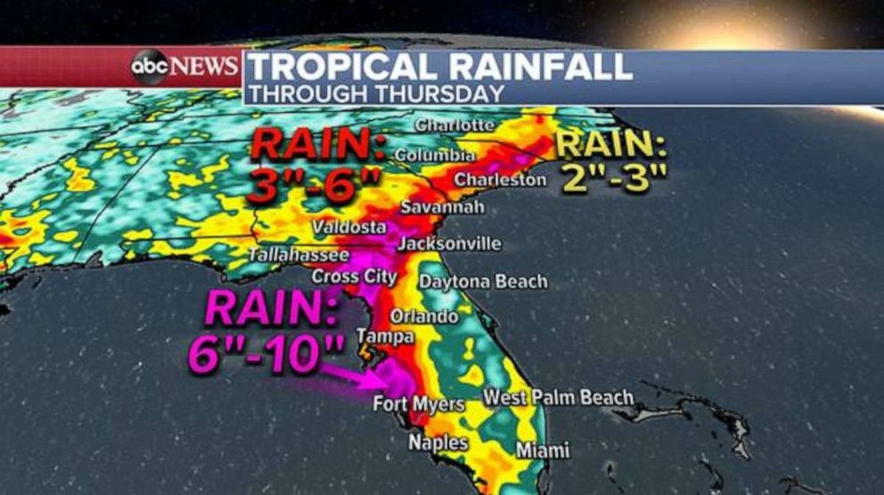 PHOTO: Rainfall totals could reach 6 to 8 inches or more from southwest Florida all the way into Georgia and the Carolinas through Thursday.