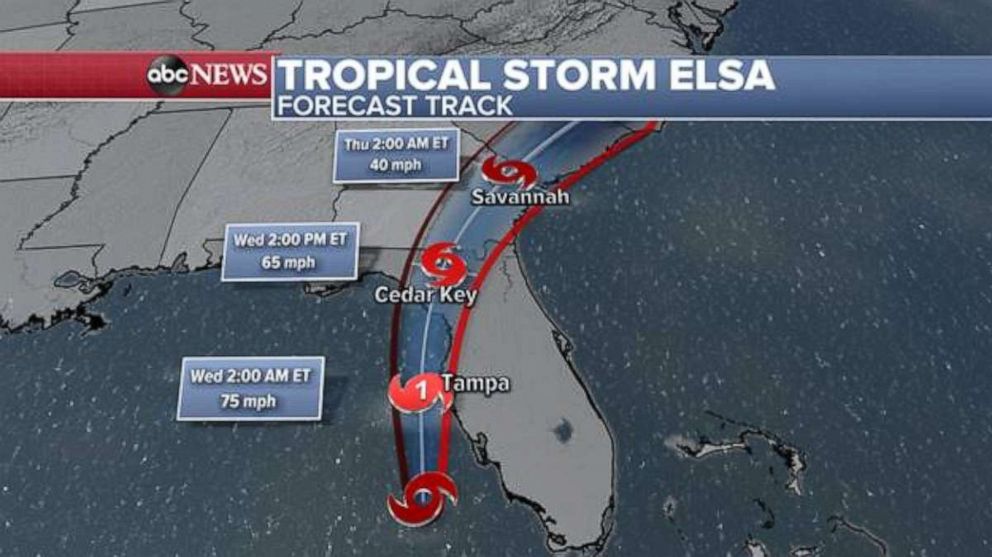 PHOTO: Elsa is forecast to continue to strengthen into a Category 1 hurricane and make landfall in the Big Bend area, near Cedar Key, Fla., on Wednesday morning around 8 to 10 a.m.