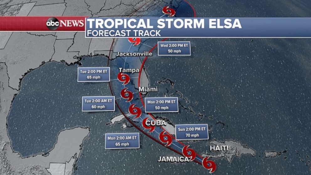 PHOTO: Tropical Storm Elsa is expected to impact Florida on Tuesday along the current projected track.