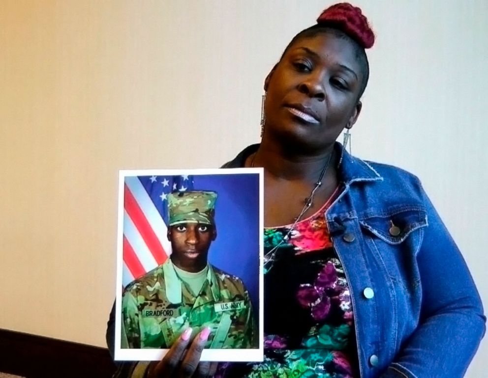 PHOTO: April Pipkins holds a photograph of her deceased son, Emantic "EJ" Bradford Jr., during an interview in Birmingham, Ala., Nov. 27, 2018. Bradford  was killed by a police officer responding to a report of gunfire at a shopping mall in Hoover, Ala.