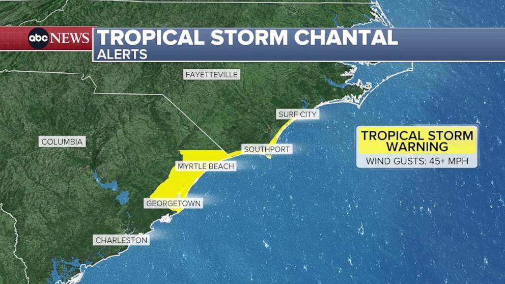 PHOTO: An ABC News graphic shows alerts for Tropical Storm Chantal as of 5 a.m. on Sunday, July 6, 2025.