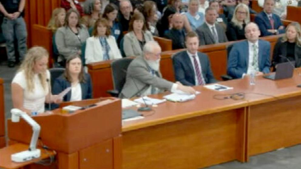 PHOTO: Emily Alandt reads a victim impact statement during Bryan Kohberger's sentencing, July 23, 2025, in Boise, Idaho.
