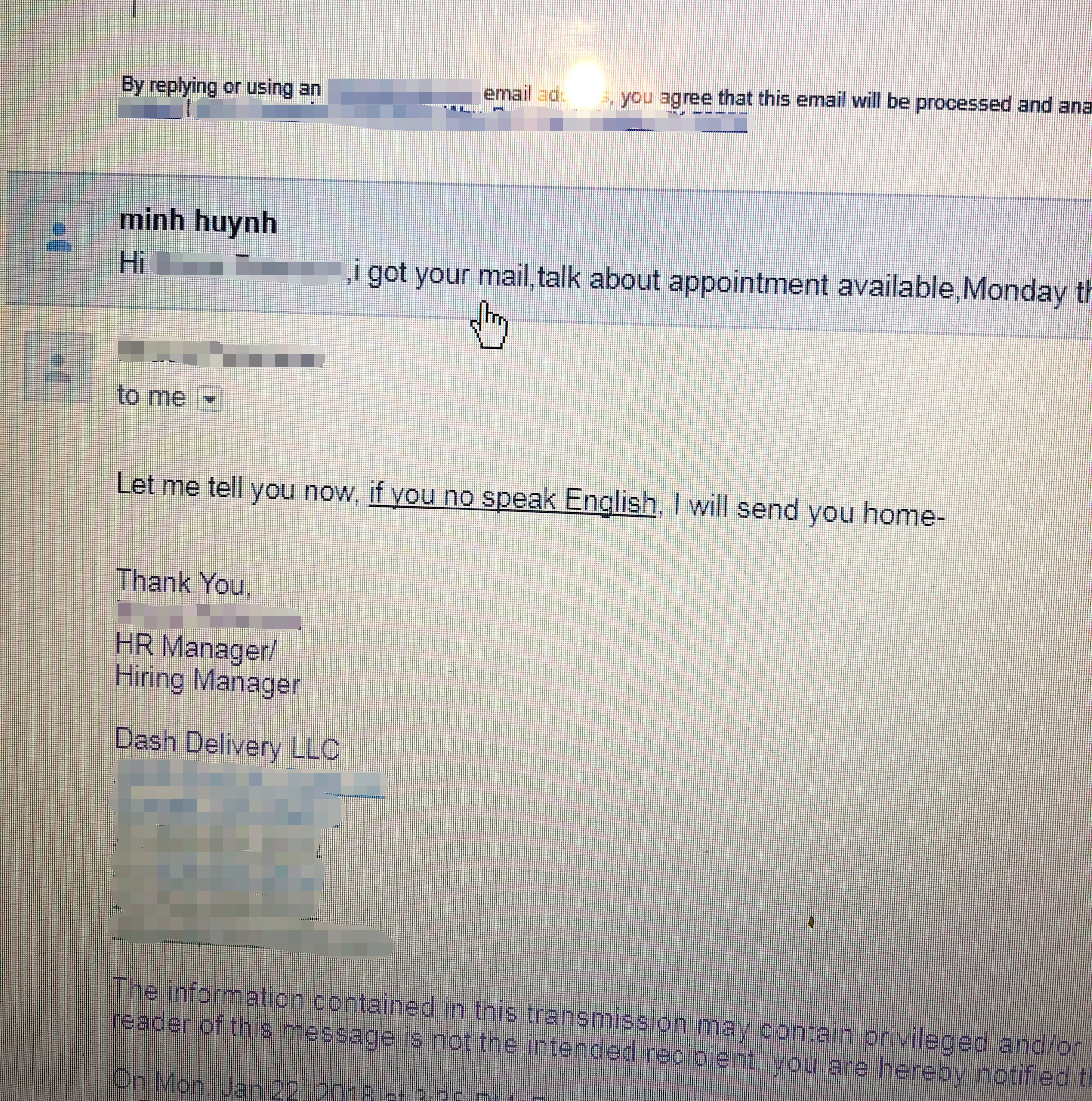 PHOTO: Emily Huynh saw this email that her father received from a hiring manager.