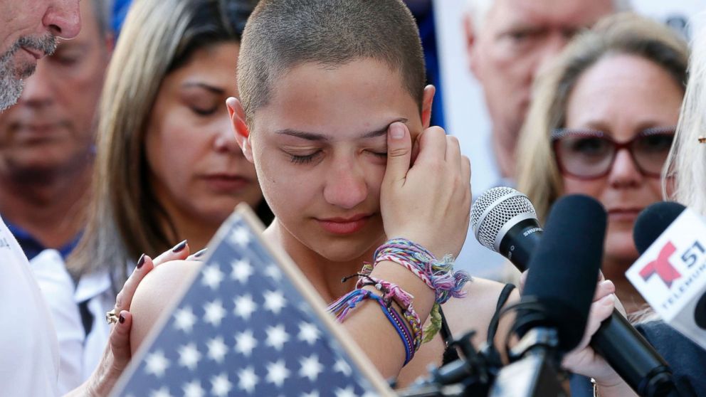 PHOTO: Marjory Stoneman Douglas High School student Emma Gonzalez speaks at a rally for gun control at the Broward County Federal Courthouse in Fort Lauderdale, Florida, Feb. 17, 2018.