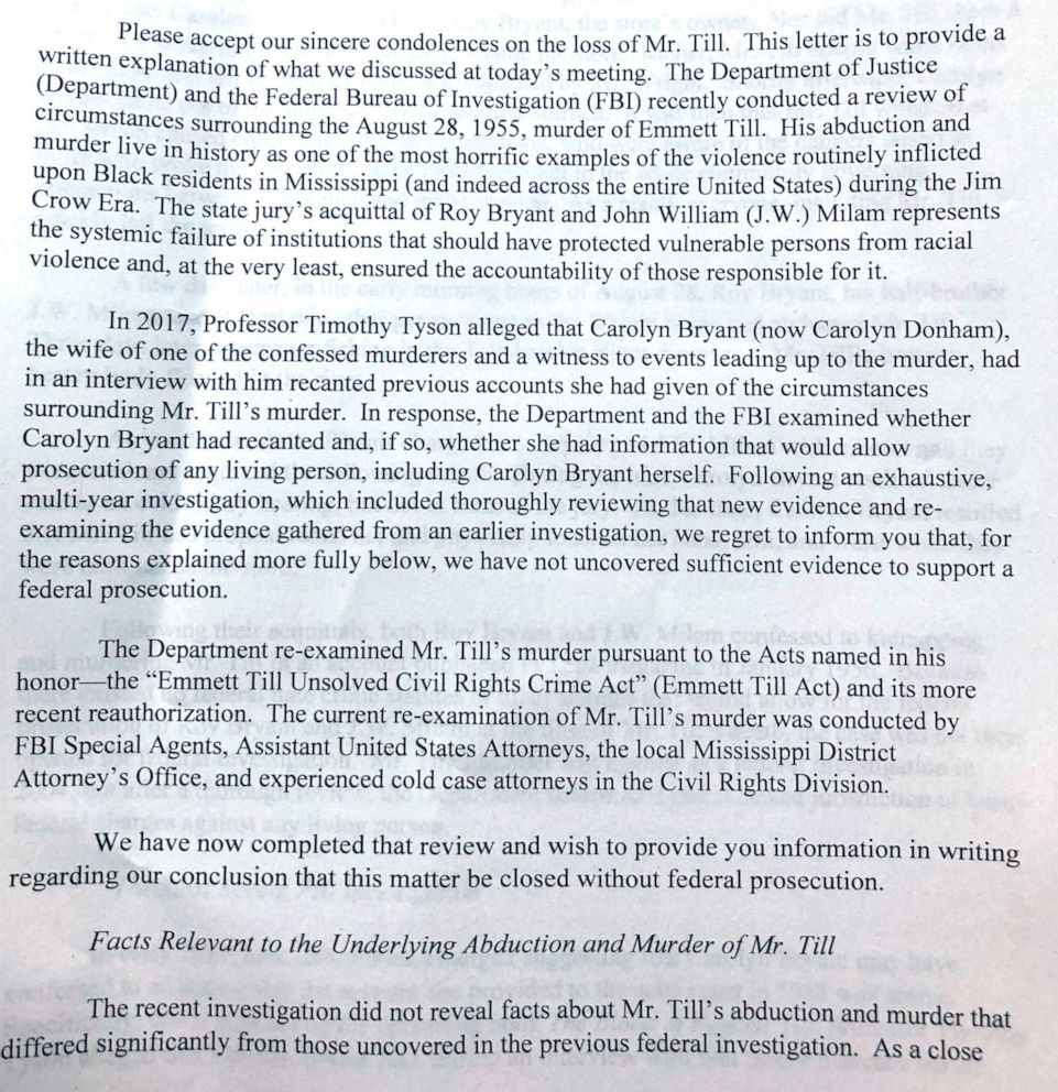PHOTO: The Justice Department sent a letter to Emmett Till''s family after meeting with them privately to outline the results of their investigation into the 14-year-old''s murder in 1955.