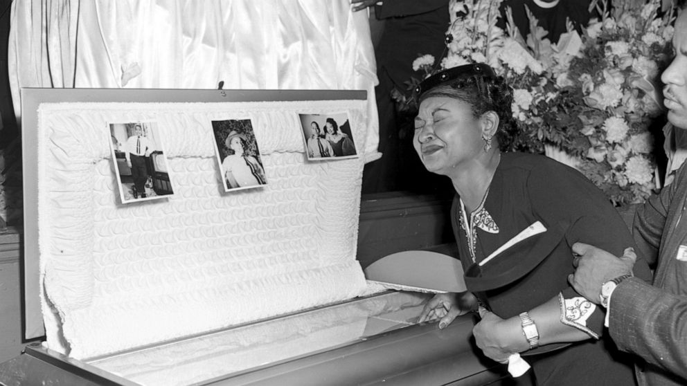 PHOTO: Mamie Till Mobley weeps at her son's funeral on Sept. 6, 1955, in Chicago. Mobley insisted that her son's body be displayed in an open casket forcing the nation to see the brutality directed at Blacks in the South.