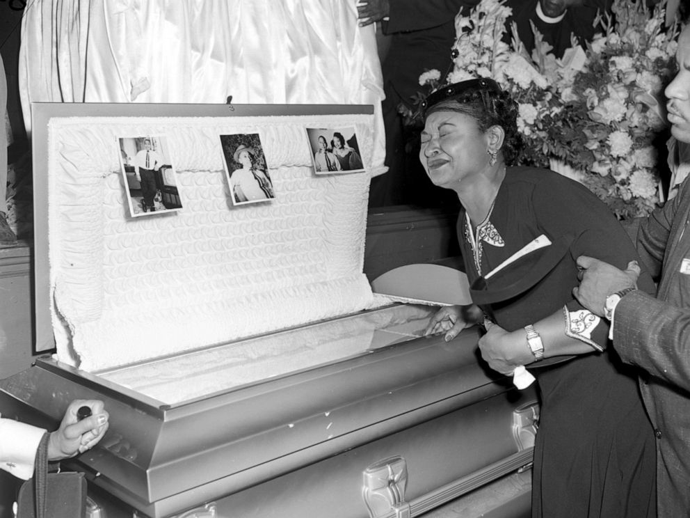 PHOTO: Mamie Till Mobley weeps at her son's funeral on Sept. 6, 1955, in Chicago. Mobley insisted that her son's body be displayed in an open casket forcing the nation to see the brutality directed at Blacks in the South.