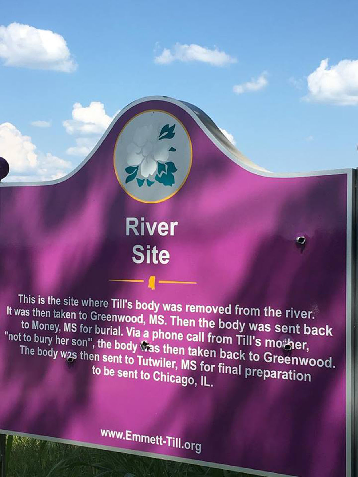 PHOTO: The River Site marker was vandalized with four bullet holes 35 days after the new marker was replaced.