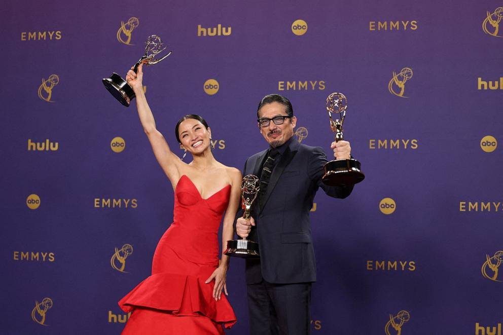 PHOTO: Anna Sawai, winner the Outstanding Lead Actress in a Drama Series award and Hiroyuki Sanada, Outstanding Lead Actor in a Drama Series for "Shogun", pose at the 76th Primetime Emmy Awards in Los Angeles, Sept. 15, 2024.