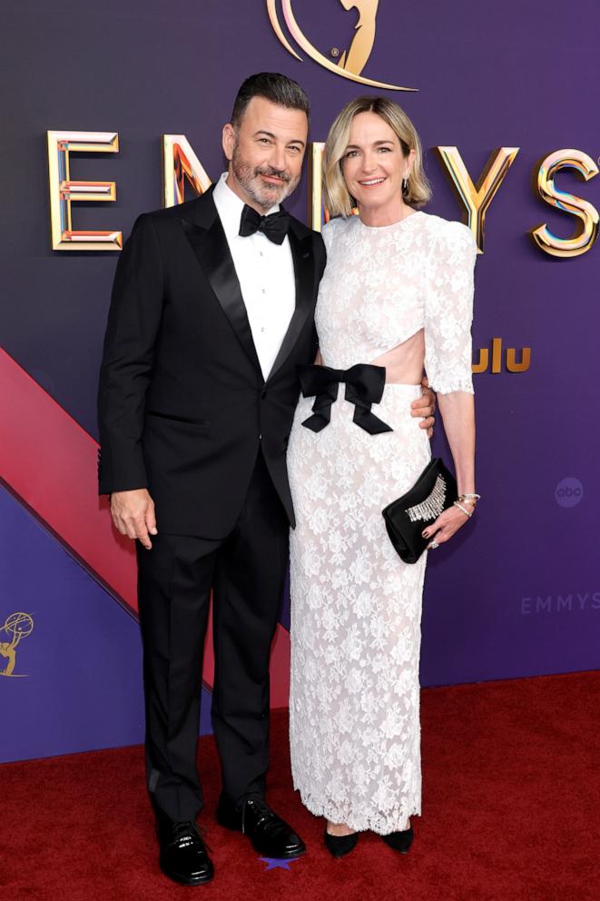 PHOTO: Jimmy Kimmel and Molly McNearney attend the 76th Primetime Emmy Awards, Sept. 15, 2024, in Los Angeles.