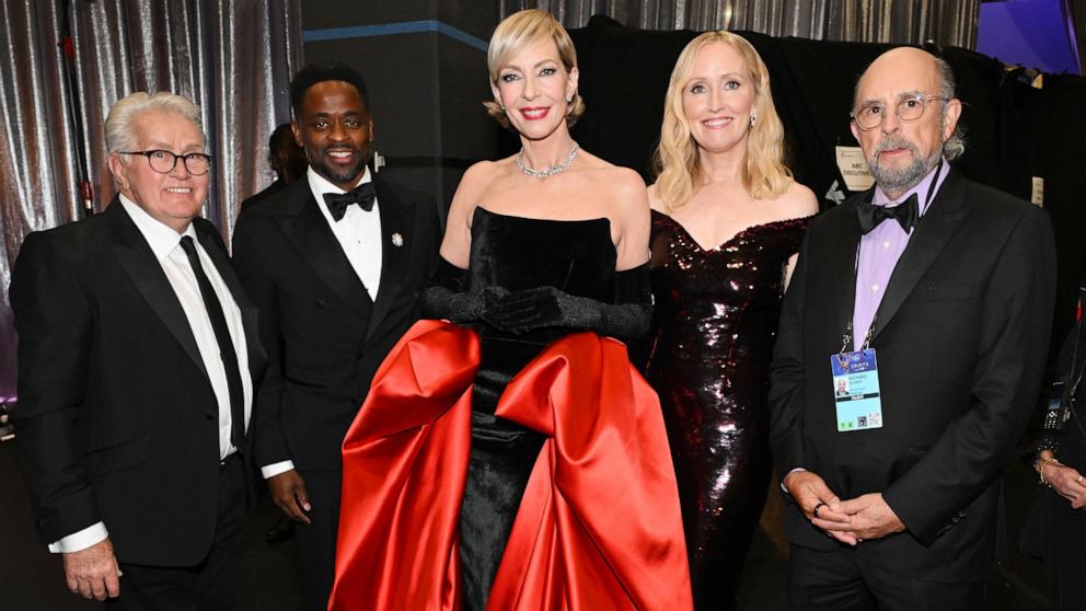 PHOTO: The cast of "The West Wing," Martin Sheen, Dule Hill, Allison Janney, Janel Moloney, and Richard Schiff reunite backstage at the 76th Emmy Awards, Sept. 15, 2024, in Los Angeles. 