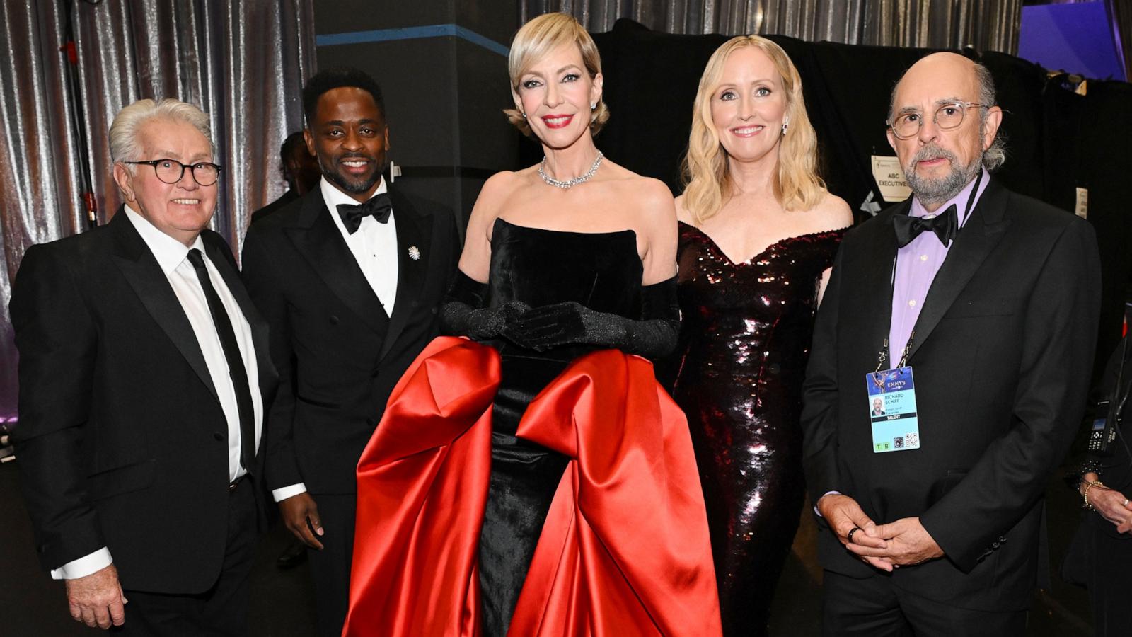 PHOTO: The cast of "The West Wing," Martin Sheen, Dule Hill, Allison Janney, Janel Moloney, and Richard Schiff reunite backstage at the 76th Emmy Awards, Sept. 15, 2024, in Los Angeles.