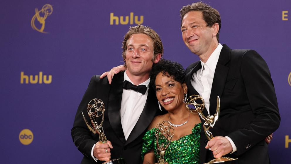 PHOTO: The Bear winners, Ebon Moss-Bachrach, Liza Colon-Zayas, and Jeremy Allen White at the 76th Primetime Emmy Awards in Los Angeles, Sept. 15, 2024. 