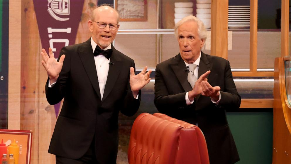 PHOTO: Ron Howard and Henry Winkler speak during the 76th Primetime Emmy Awards, Sept. 15, 2024, in Los Angeles.
