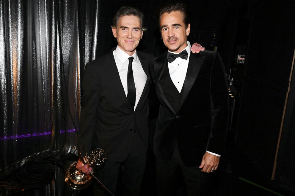 PHOTO: Billy Crudup, the Outstanding Supporting Actor in a Drama Series award and Colin Farrell backstage at the 76th Emmy Awards, Sept. 15, 2024, in Los Angeles. 