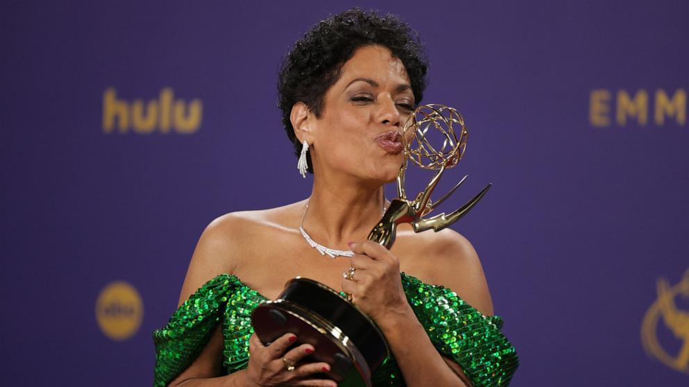 PHOTO: Liza Colon-Zayas, winner of the Best Supporting Actress in a Comedy Series, poses in the press room during the 76th annual Emmy Awards in Los Angeles, Sept. 15, 2024.