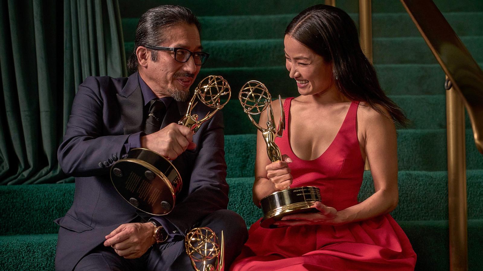 PHOTO: Anna Sawai, winner the Outstanding Lead Actress in a Drama Series award and Hiroyuki Sanada, Outstanding Lead Actor in a Drama Series for "Shogun", pose with their statues won at the 76th Primetime Emmy Awards in Los Angeles, Sept. 15, 2024.