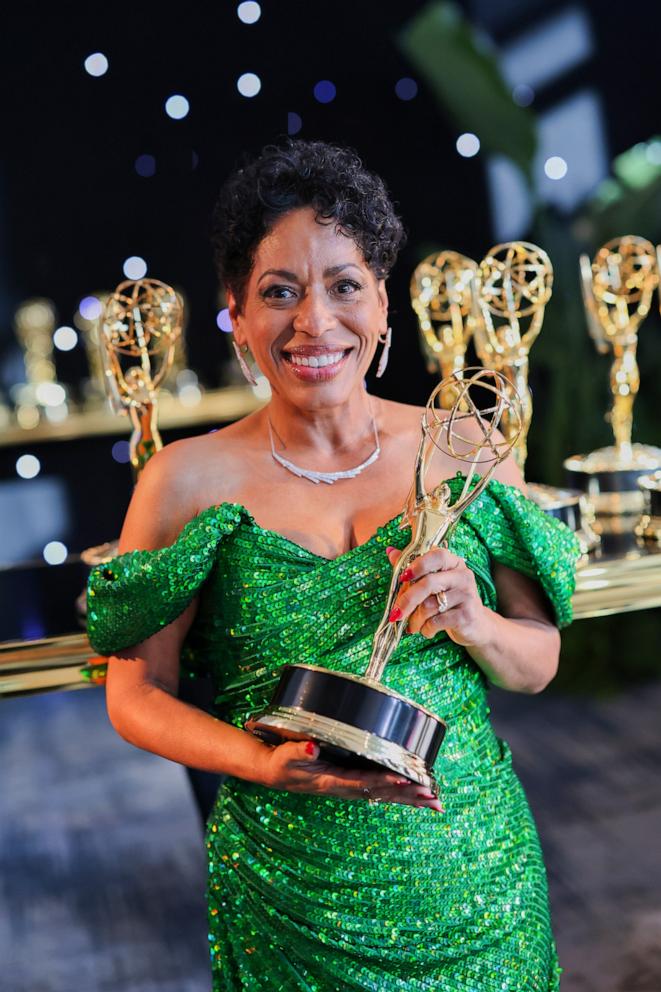 PHOTO: Liza Colon-Zayas picks up her official Emmy statuette for outstanding supporting actress in a comedy series for 'The Bear' at the 76th Emmy Awards Trophy Table, Sept. 15, 2024, in Los Angeles.