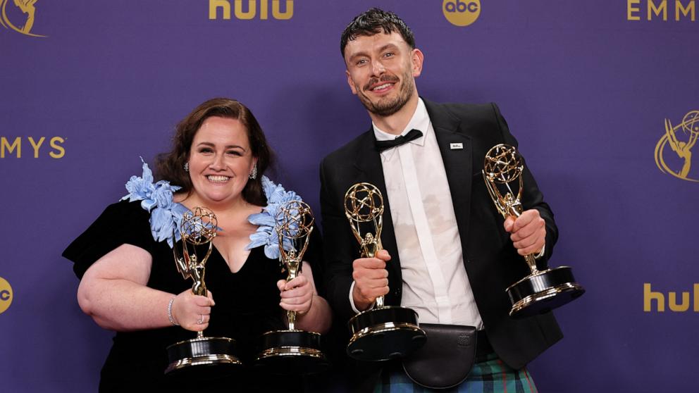 PHOTO: Jessica Gunning and Richard Gadd, hold their awards for "Baby Reindeer" at the 76th Primetime Emmy Awards in Los Angeles, Sept. 15, 2024. 