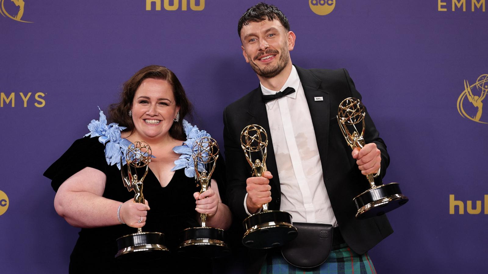 PHOTO: Jessica Gunning and Richard Gadd, hold their awards for "Baby Reindeer" at the 76th Primetime Emmy Awards in Los Angeles, Sept. 15, 2024.