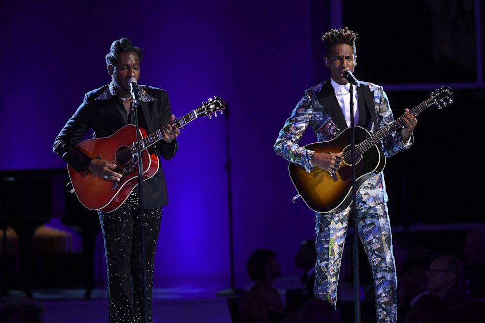 PHOTO: Leon Bridges, left, and Jon Batiste perform an in memoriam tribute at the 73rd Emmy Awards on Sept. 19, 2021, in Los Angeles.