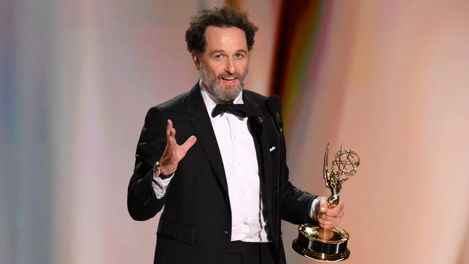 PHOTO: Welsh actor Matthew Rhys accepts the award for Outstanding Lead Actor in a Comedy Series for "Widow's Bay" onstage during the 78th Primetime Emmy Awards, in Los Angeles, September 14, 2026.